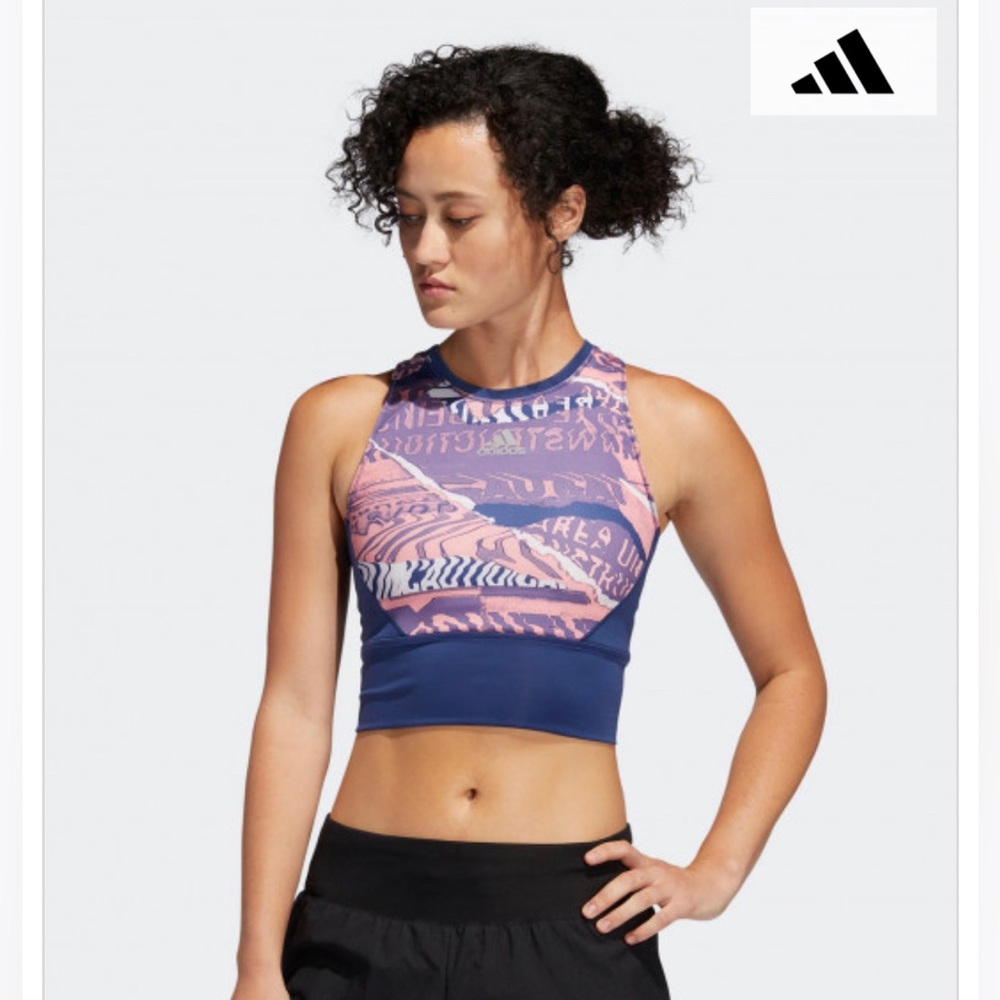 Adidas Running “City Clash” Crop Top in Blue/Pink design - Size Small